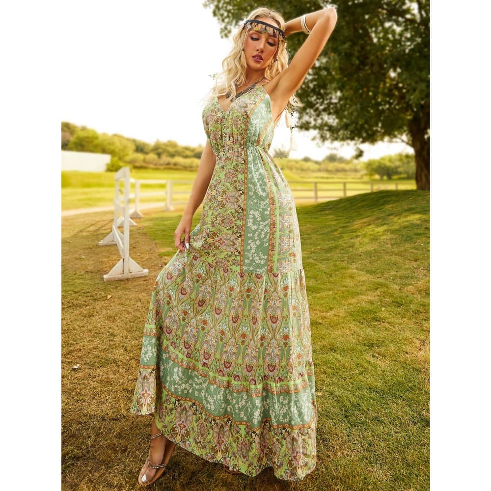 Floral Print Backless Tie Shoulder Ruffle Hem Cami Dress - Thumbnail 9
