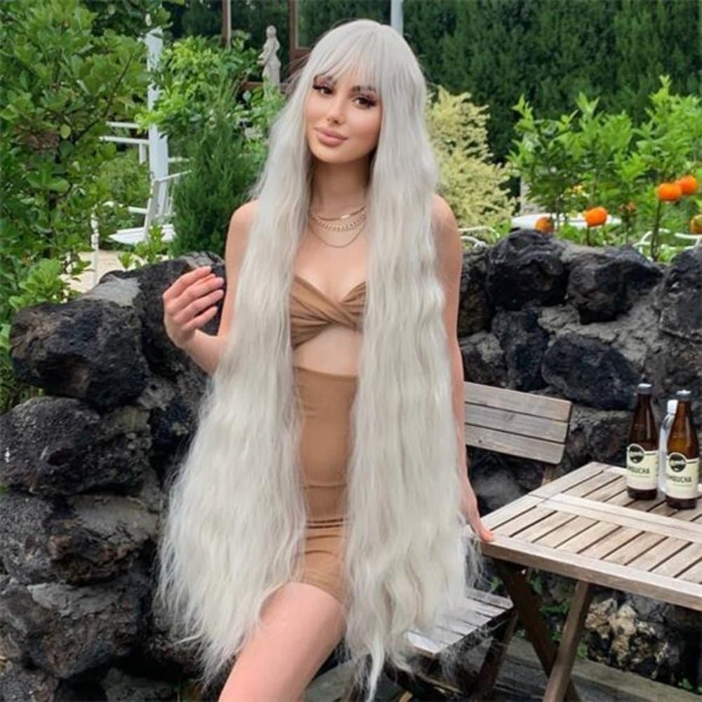 Blonde Super Long Wavy wig 48 inch hair with bangs heat resistant fiber - Thumbnail 8
