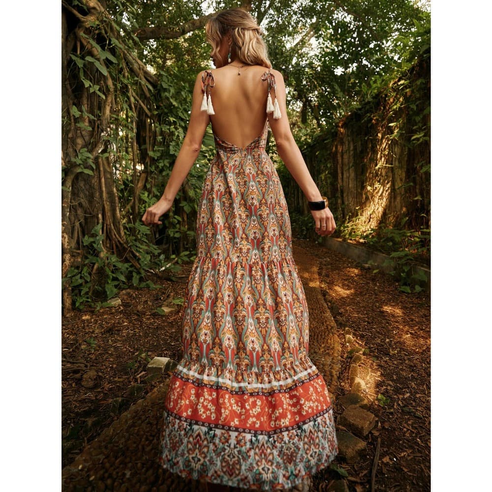 Floral Print Backless Tie Shoulder Ruffle Hem Cami Dress - Thumbnail 2