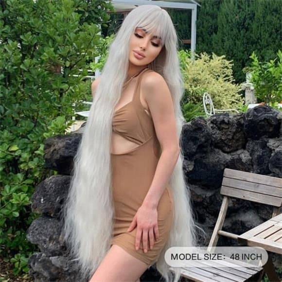 Blonde Super Long Wavy wig 48 inch hair with bangs heat resistant fiber - Thumbnail 10