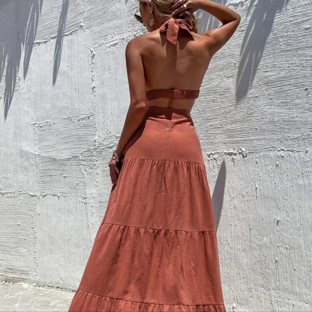 Cut Out Crisscross Ruffle Hem Tie Backless Halter Dress - Thumbnail 6