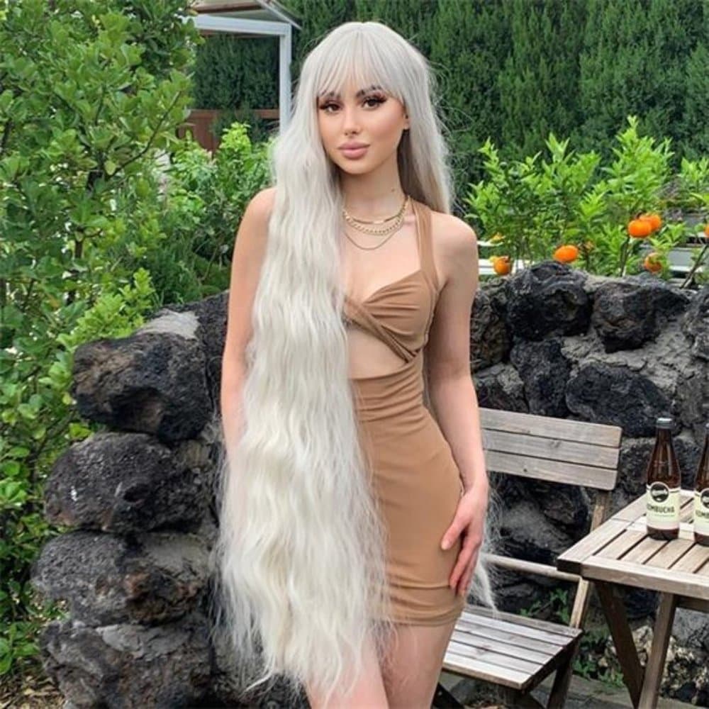 Blonde Super Long Wavy wig 48 inch hair with bangs heat resistant fiber - Thumbnail 4