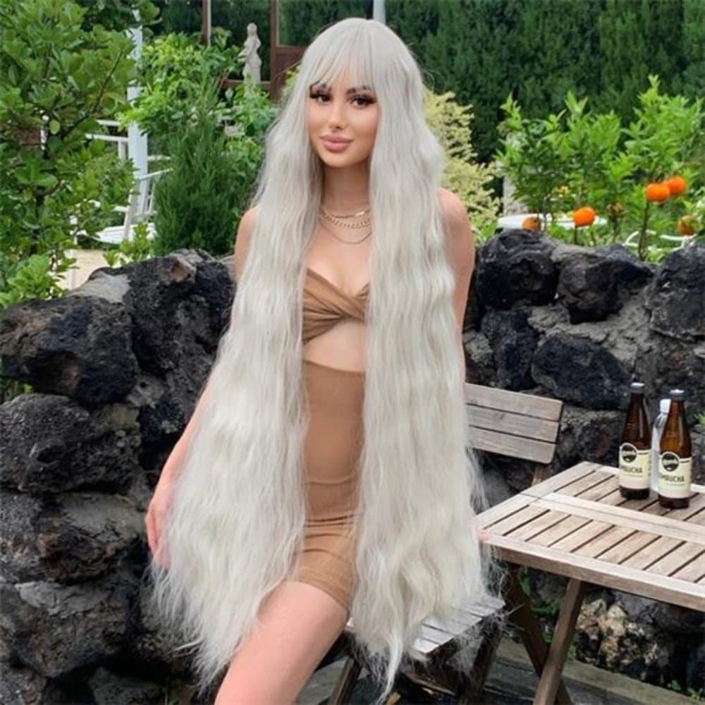 Blonde Super Long Wavy wig 48 inch hair with bangs heat resistant fiber - Thumbnail 7