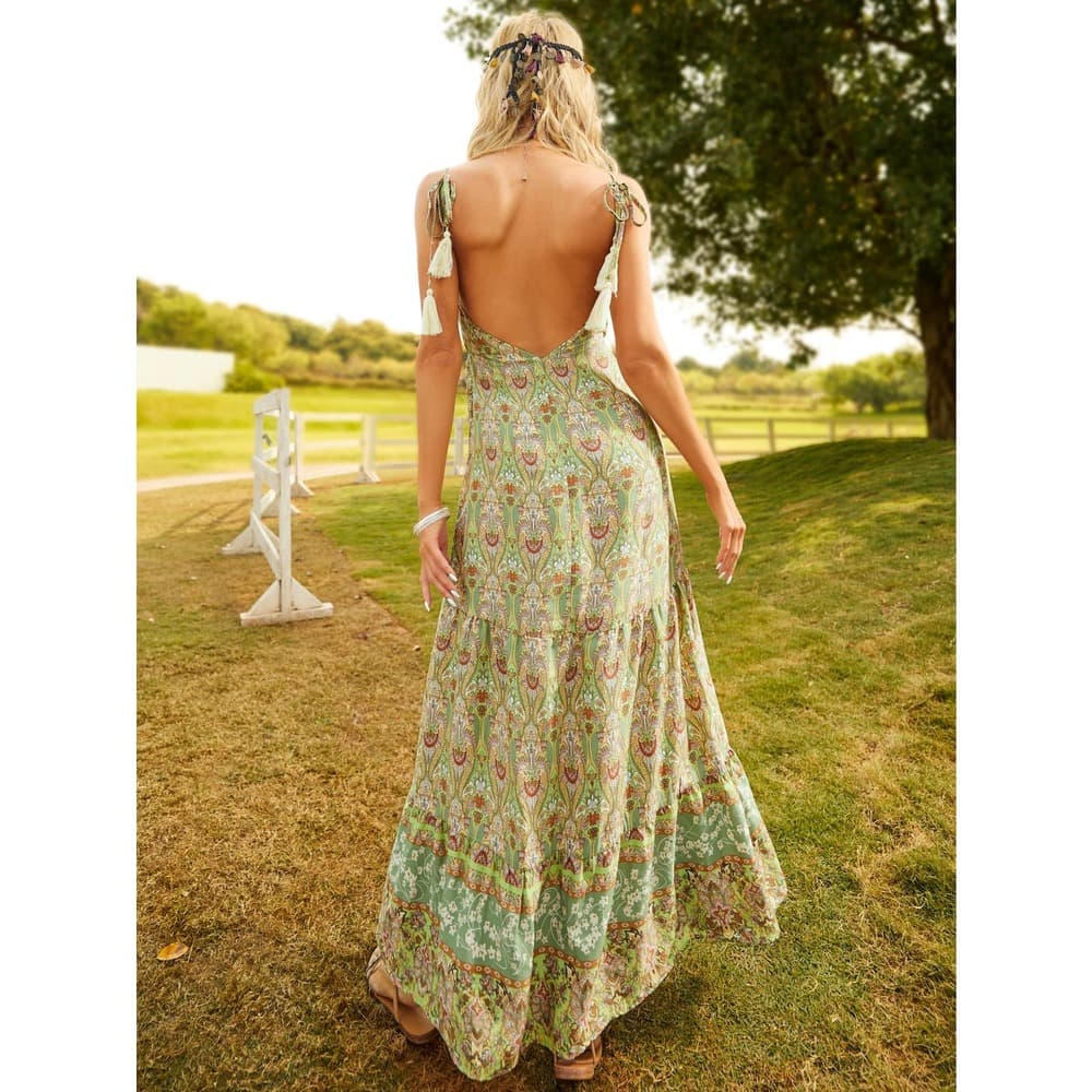 Floral Print Backless Tie Shoulder Ruffle Hem Cami Dress - Thumbnail 10