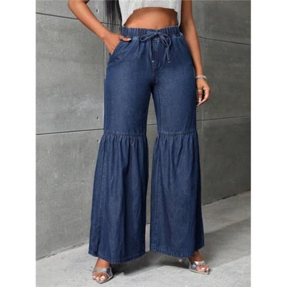 Drawstring Waist Wide Leg Jeans - Thumbnail 6
