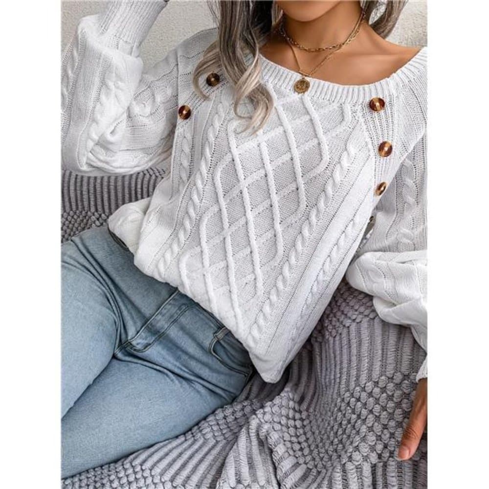 Versatile & Stylish Women's Square Neck Solid Color Cable Knit Sweater - Thumbnail 3