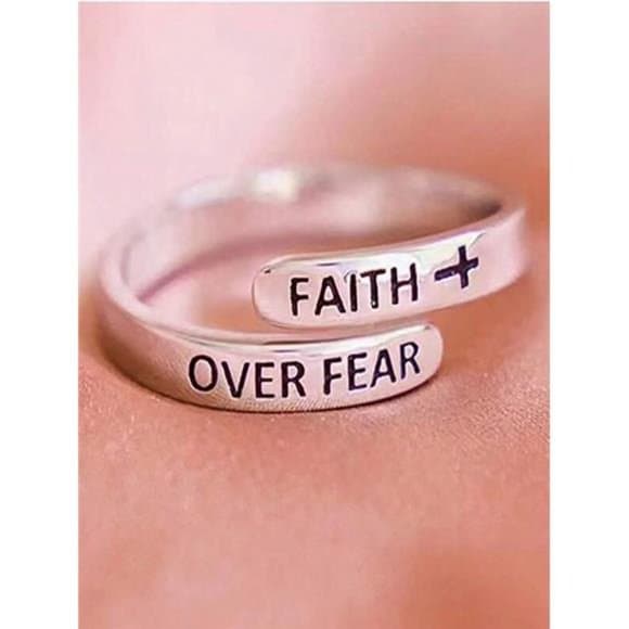 Carved Cross Faith Over Fear Ring, Minimalist Design - Thumbnail 6