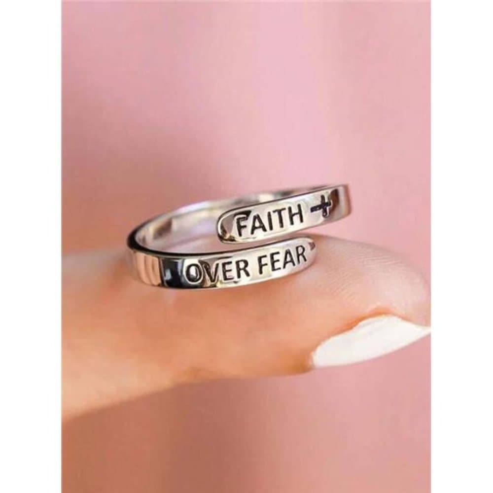 Carved Cross Faith Over Fear Ring, Minimalist Design