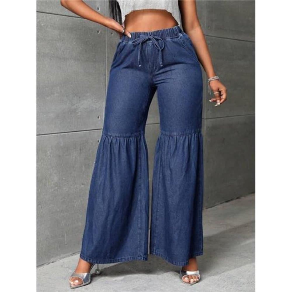 Drawstring Waist Wide Leg Jeans - Thumbnail 4
