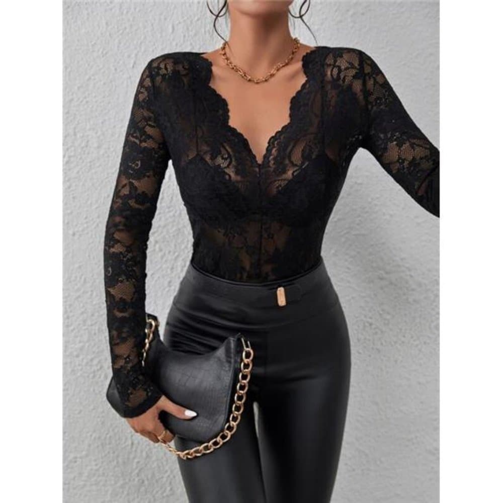 Privé Floral Lace Scallop Trim Top Without Bra - Thumbnail 14