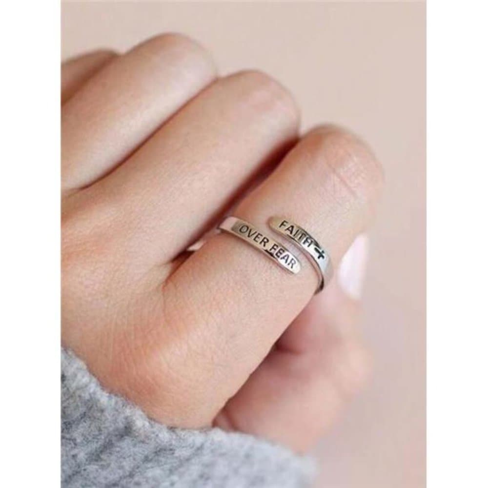 Carved Cross Faith Over Fear Ring, Minimalist Design - Thumbnail 2