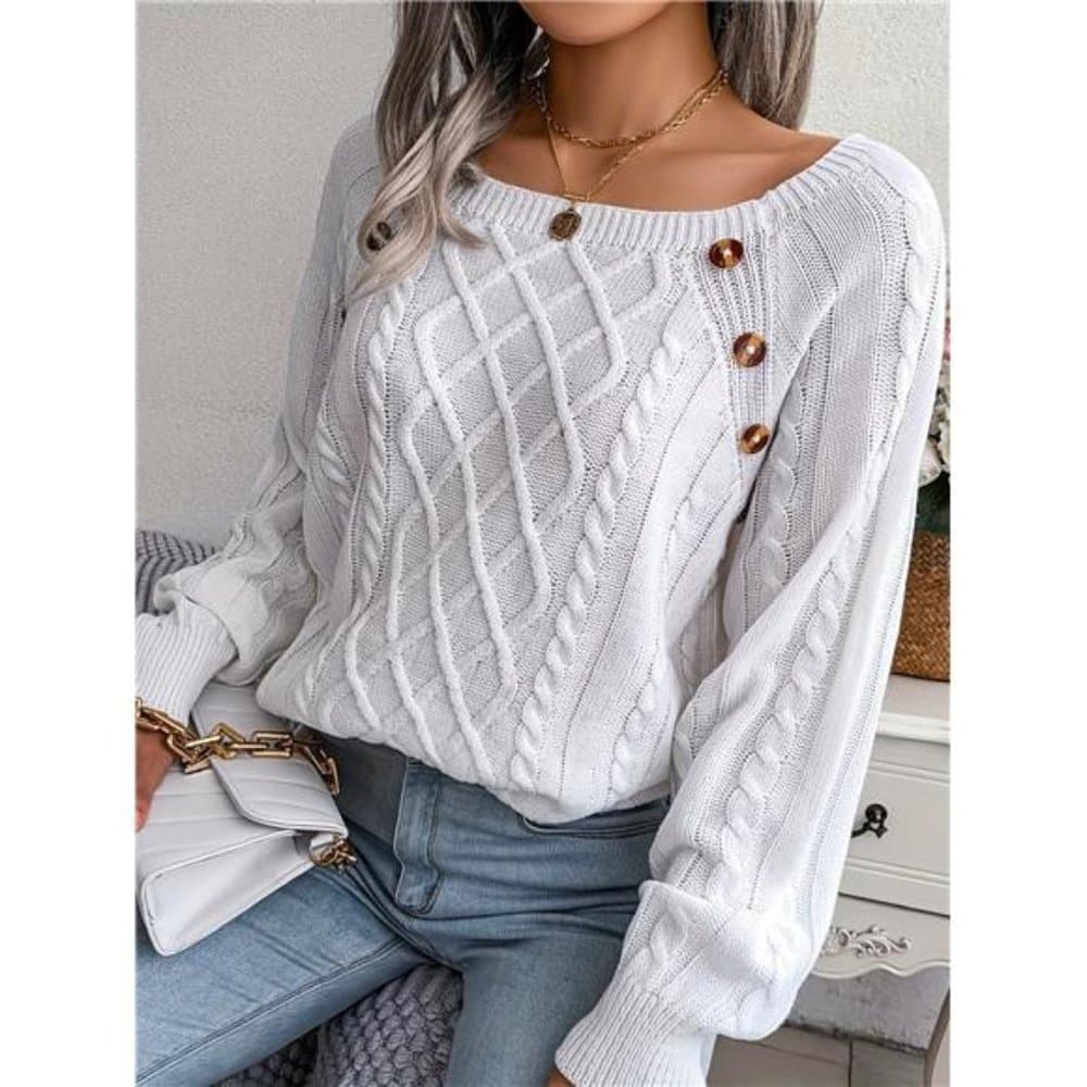 Versatile & Stylish Women's Square Neck Solid Color Cable Knit Sweater - Thumbnail 2