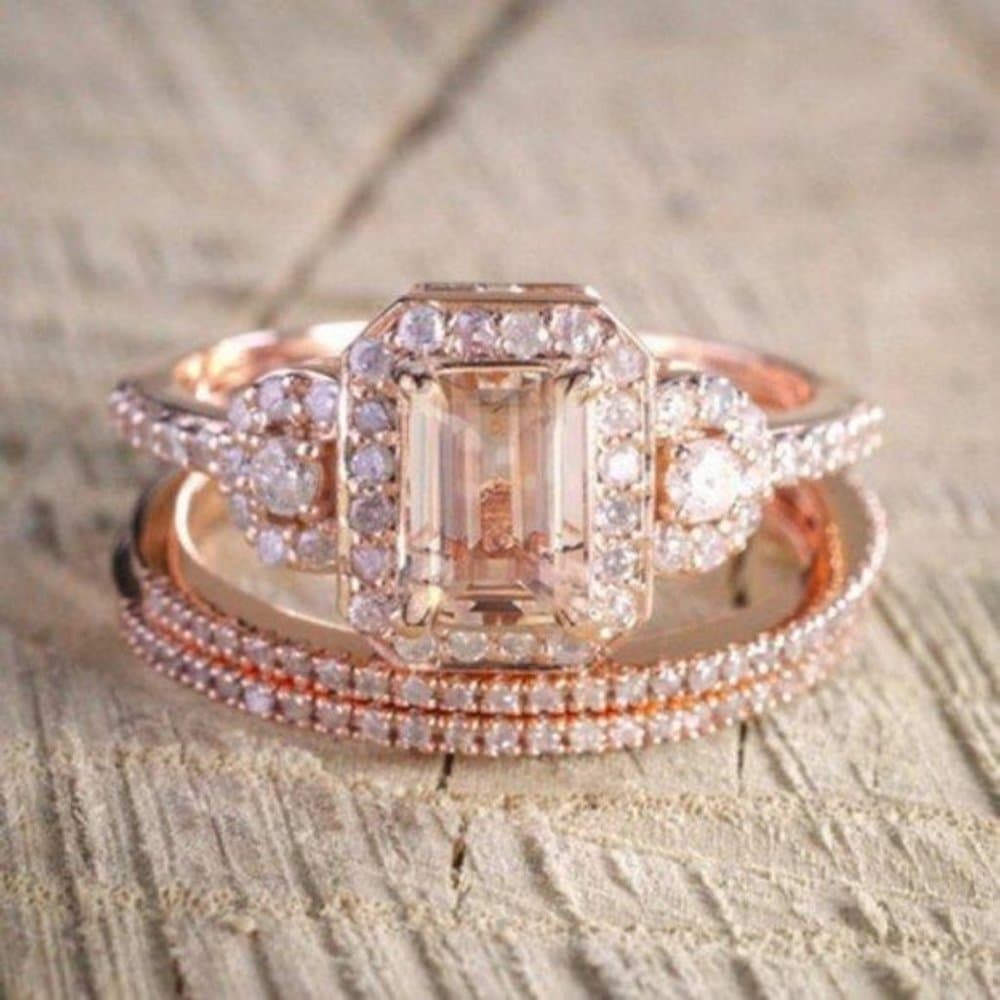 *NEW 18K Rose Gold Diamond Morganite 3PC Ring Set - Thumbnail 2