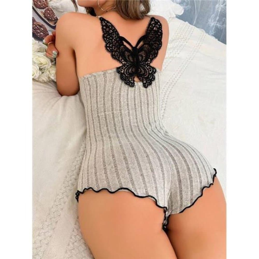 Grey Lace Trimmed Cami Romper Pajamas - Thumbnail 5