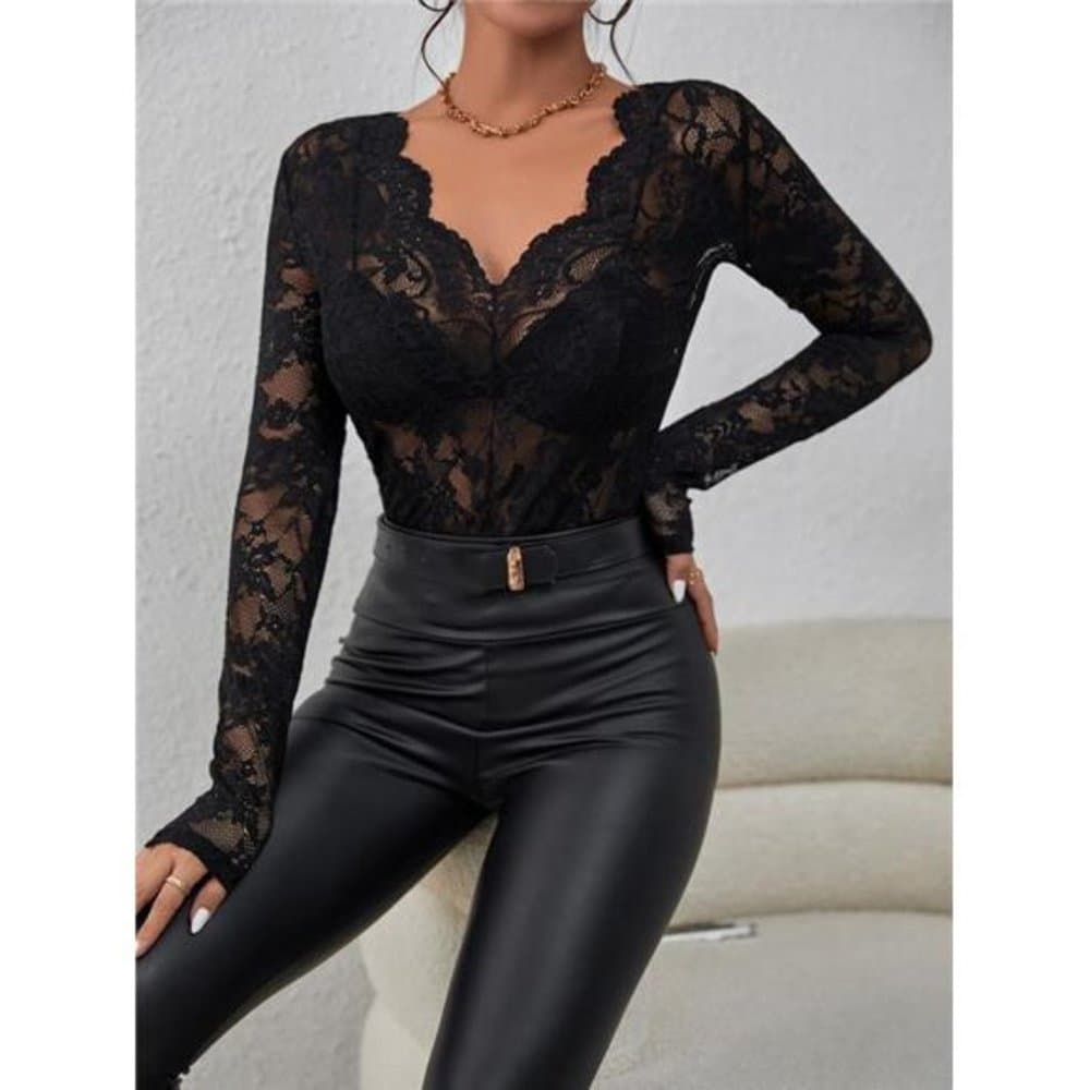 Privé Floral Lace Scallop Trim Top Without Bra - Thumbnail 9