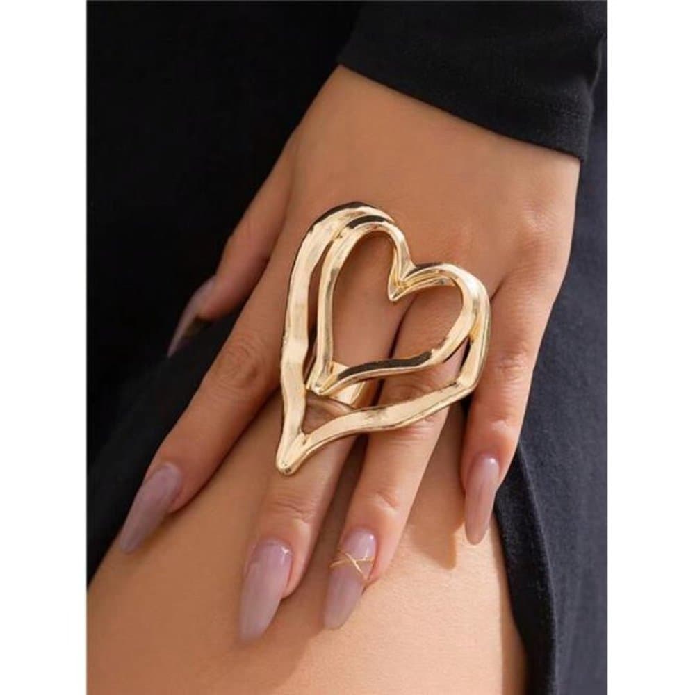 Exaggerated Large Hollow Double Hearts Adjustable Finger Ring - Thumbnail 5