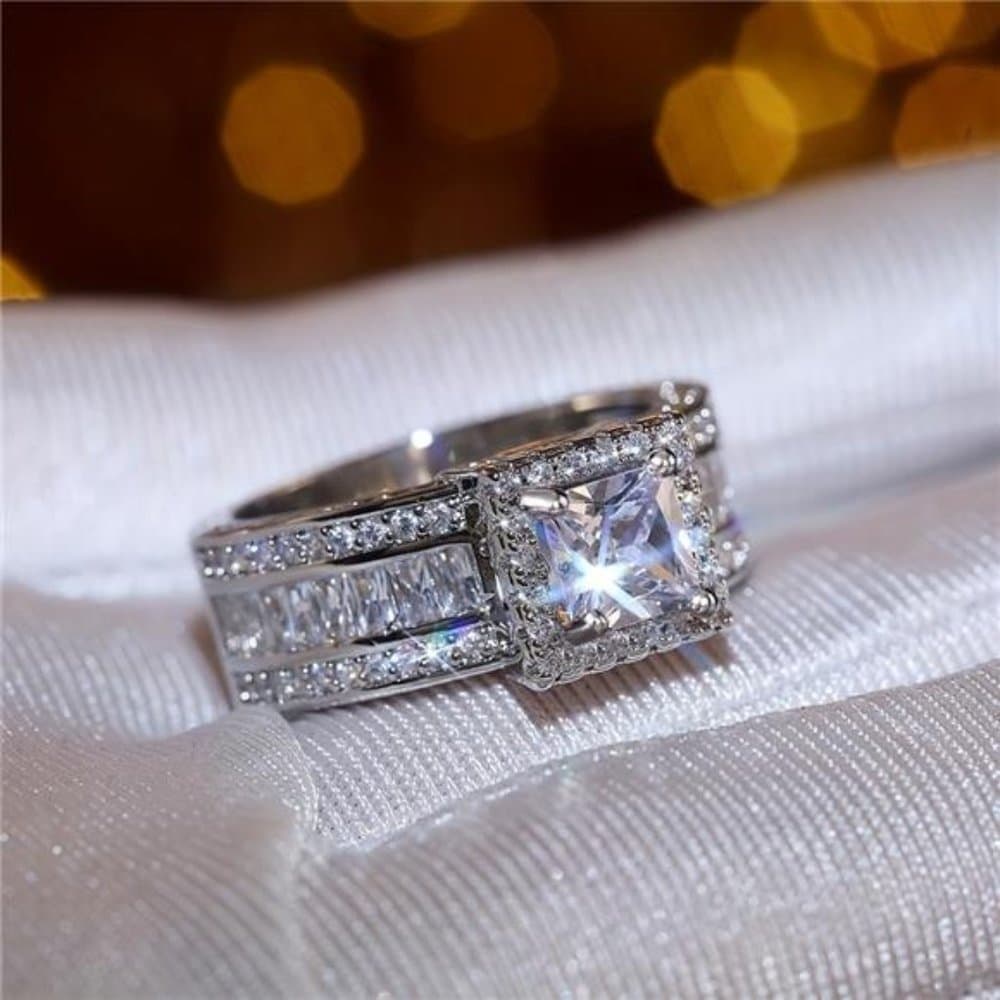 Elegant Silver-Plated Square Zirconia Ring, - Thumbnail 5