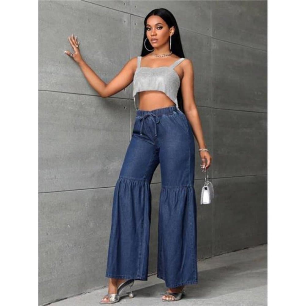 Drawstring Waist Wide Leg Jeans - Thumbnail 3