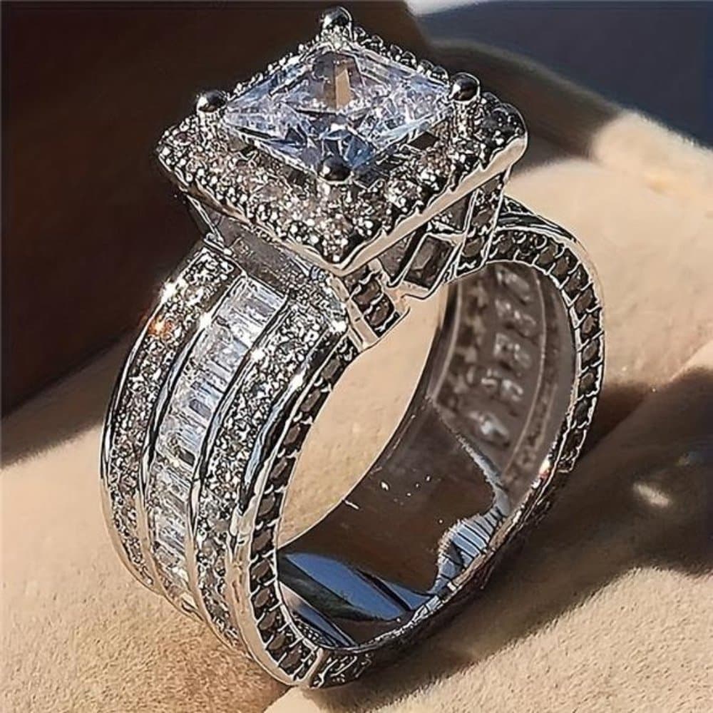 Elegant Silver-Plated Square Zirconia Ring, - Thumbnail 8