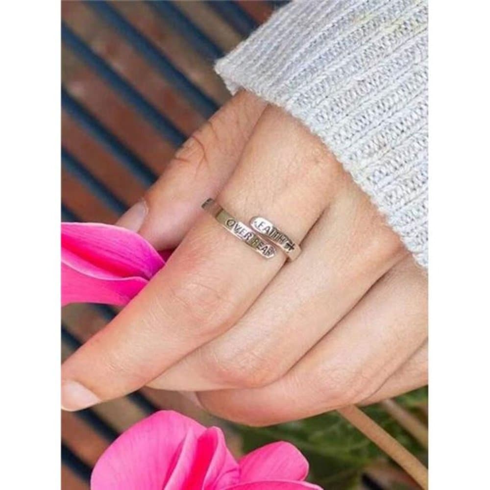 Carved Cross Faith Over Fear Ring, Minimalist Design - Thumbnail 3