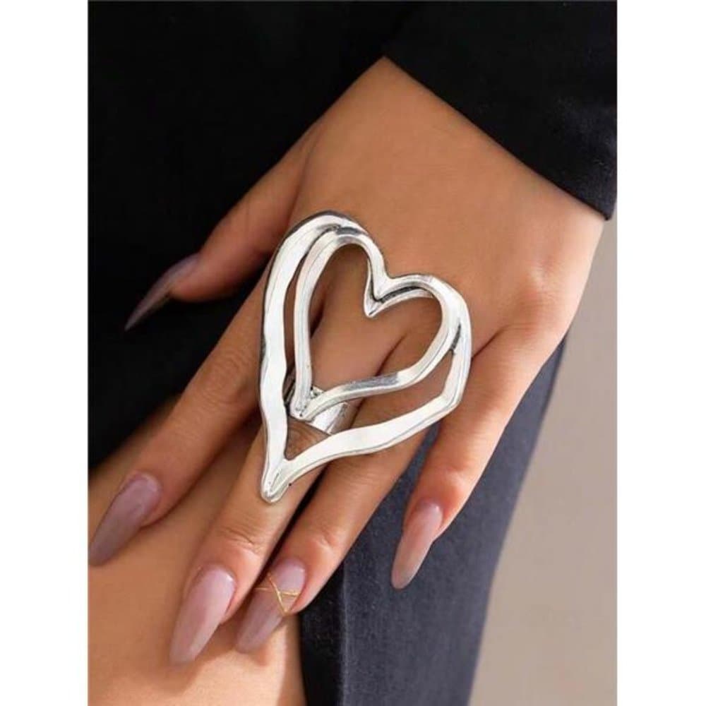 Exaggerated Large Hollow Double Hearts Adjustable Finger Ring