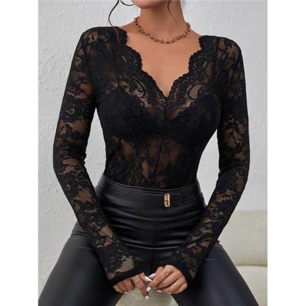 Privé Floral Lace Scallop Trim Top Without Bra - Thumbnail 16