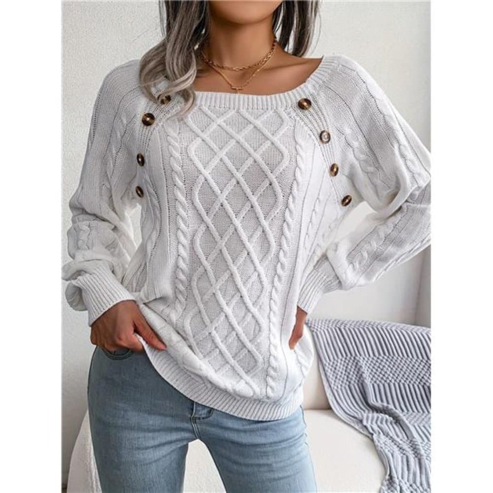 Versatile & Stylish Women's Square Neck Solid Color Cable Knit Sweater - Thumbnail 5
