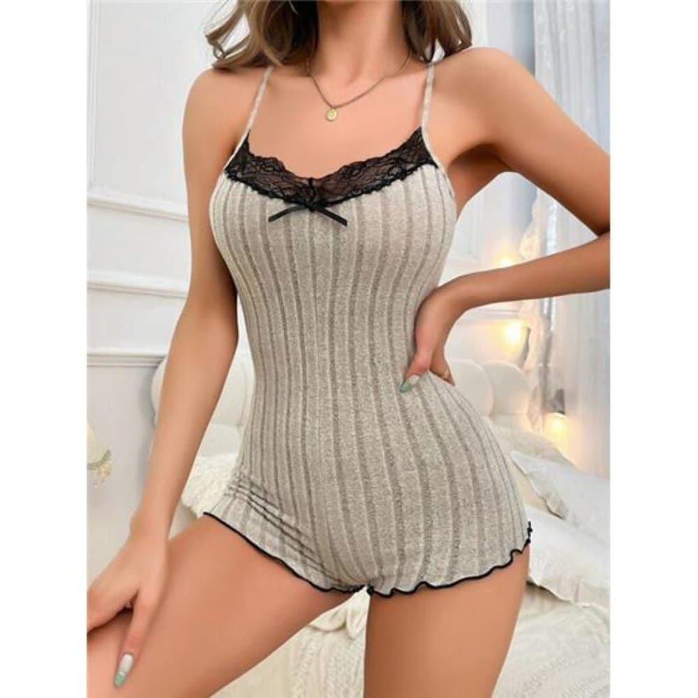 Grey Lace Trimmed Cami Romper Pajamas - Thumbnail 3