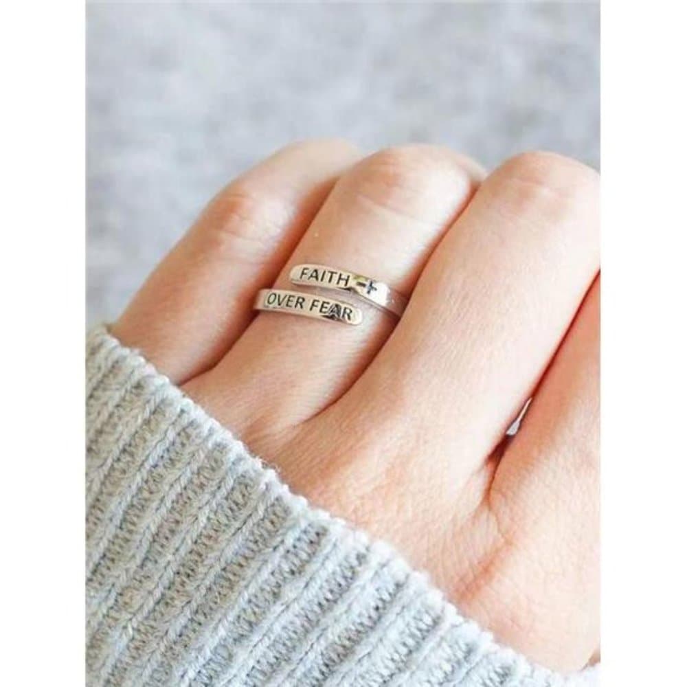 Carved Cross Faith Over Fear Ring, Minimalist Design - Thumbnail 4
