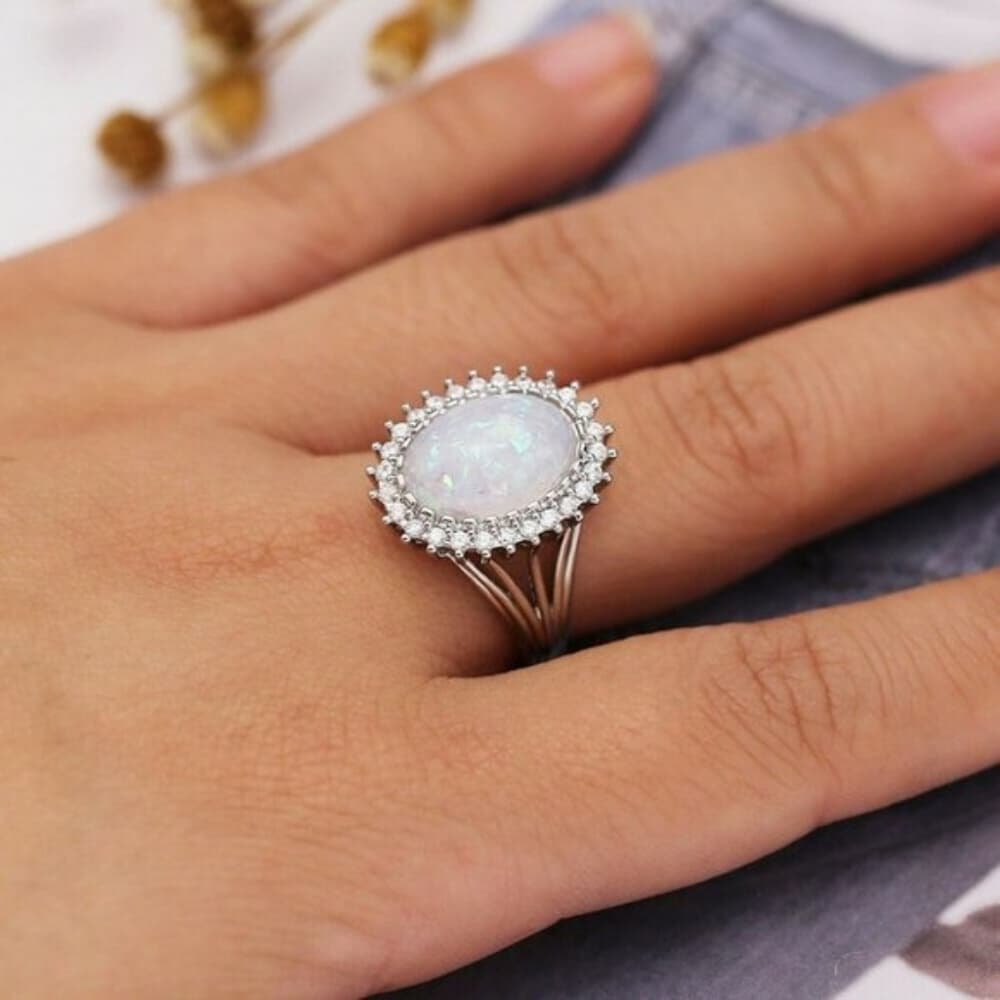 **NEW Huge Opal Diamond Halo Sterling Silver Ring**