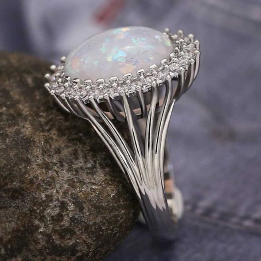 **NEW Huge Opal Diamond Halo Sterling Silver Ring** - Thumbnail 2