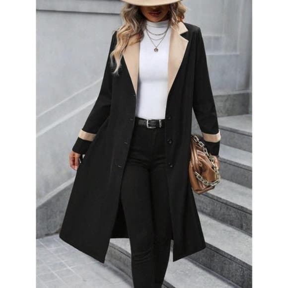 Two Tone Lapel Collar Belted Trench Coat preppy - Thumbnail 9