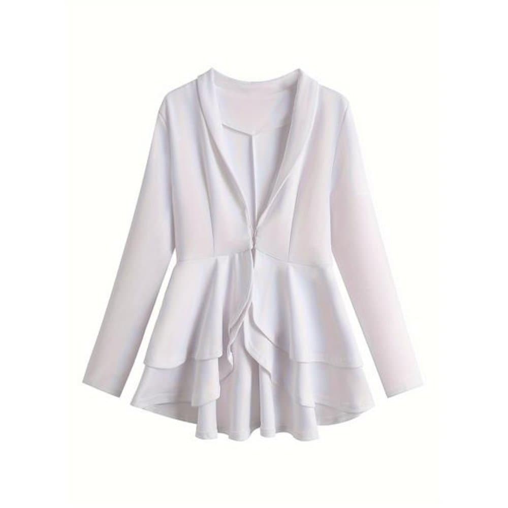 Solid Deep V Neck Long Sleeve Ruffled Hem Tunic Pantsuits, Long Length Bodycon - Thumbnail 2