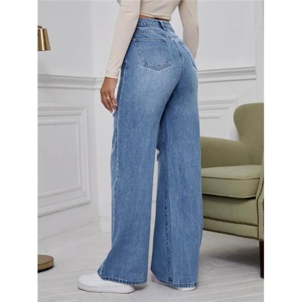 High Waist Ripped Wide Leg Jeans - Thumbnail 8