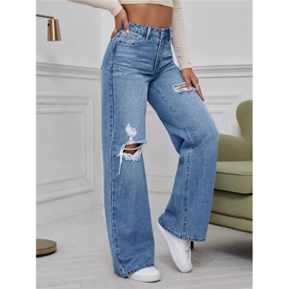 High Waist Ripped Wide Leg Jeans - Thumbnail 12