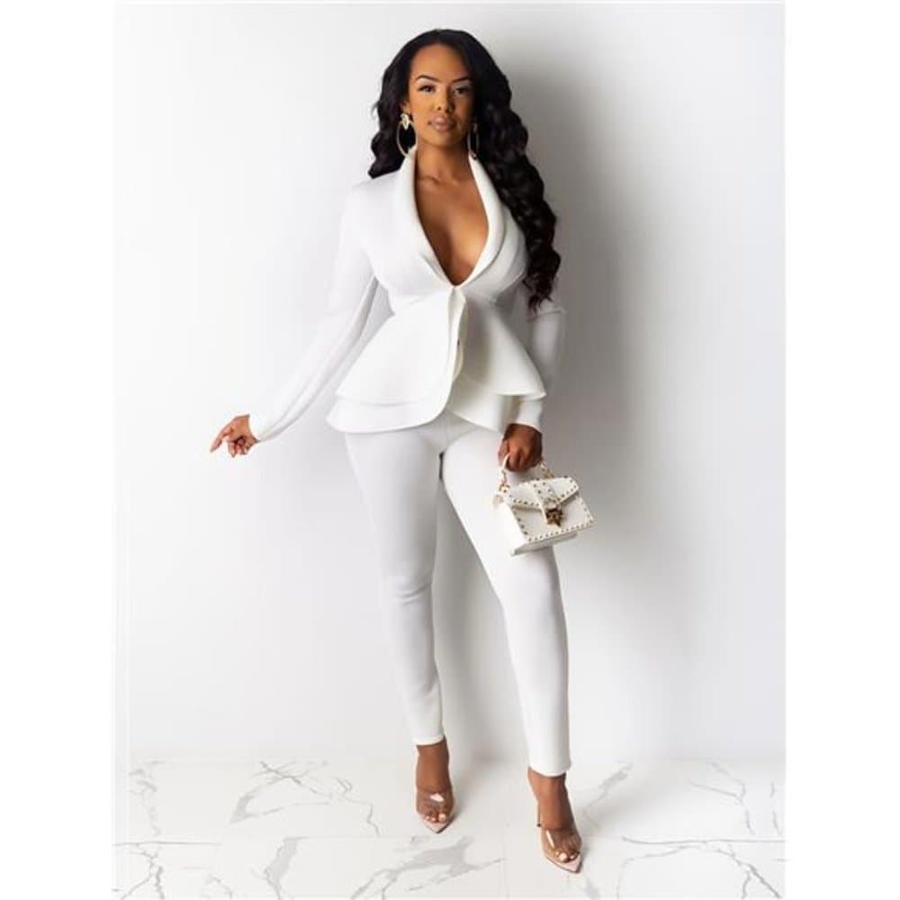 Solid Deep V Neck Long Sleeve Ruffled Hem Tunic Pantsuits, Long Length Bodycon