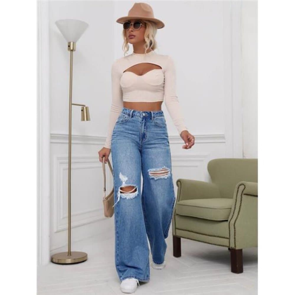 High Waist Ripped Wide Leg Jeans - Thumbnail 10
