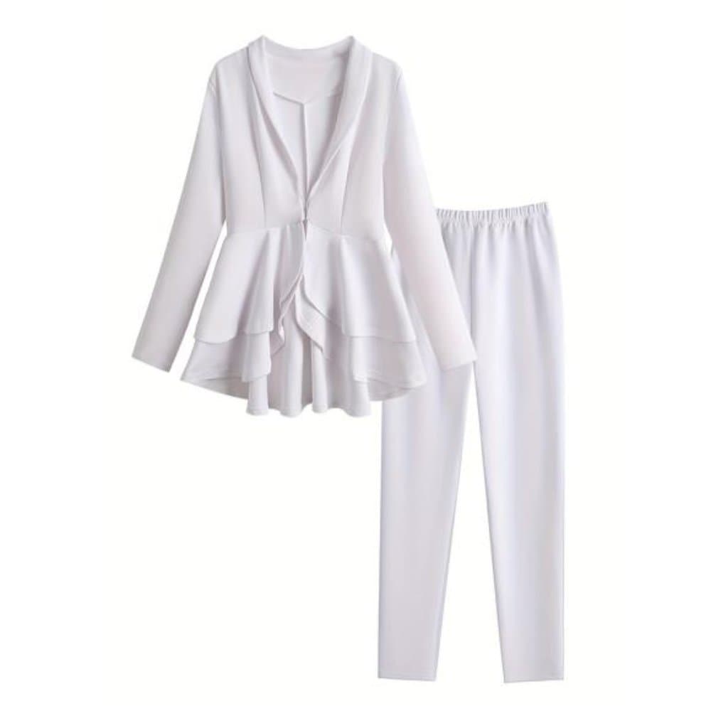 Solid Deep V Neck Long Sleeve Ruffled Hem Tunic Pantsuits, Long Length Bodycon - Thumbnail 4