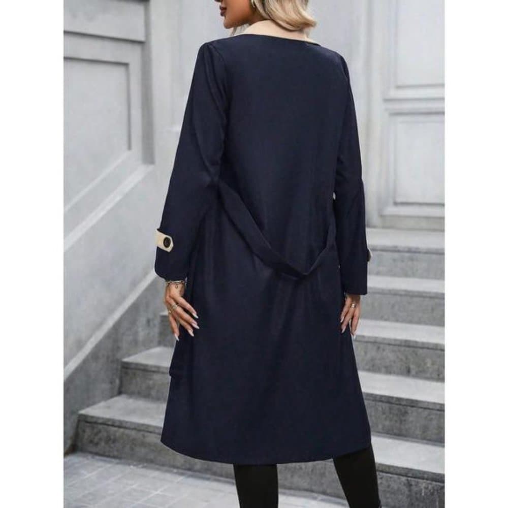 Two Tone Lapel Collar Belted Trench Coat preppy - Thumbnail 7