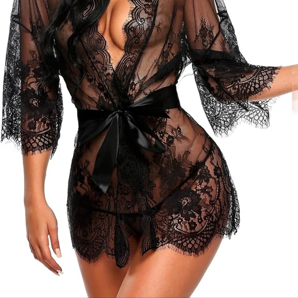 Black Women's Lace Kimono Robe Babydoll Lingerie Mesh Nightgown S-5XL