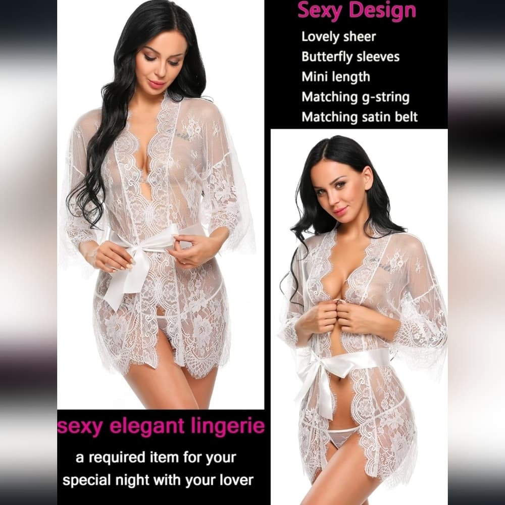 Black Women's Lace Kimono Robe Babydoll Lingerie Mesh Nightgown S-5XL - Thumbnail 12