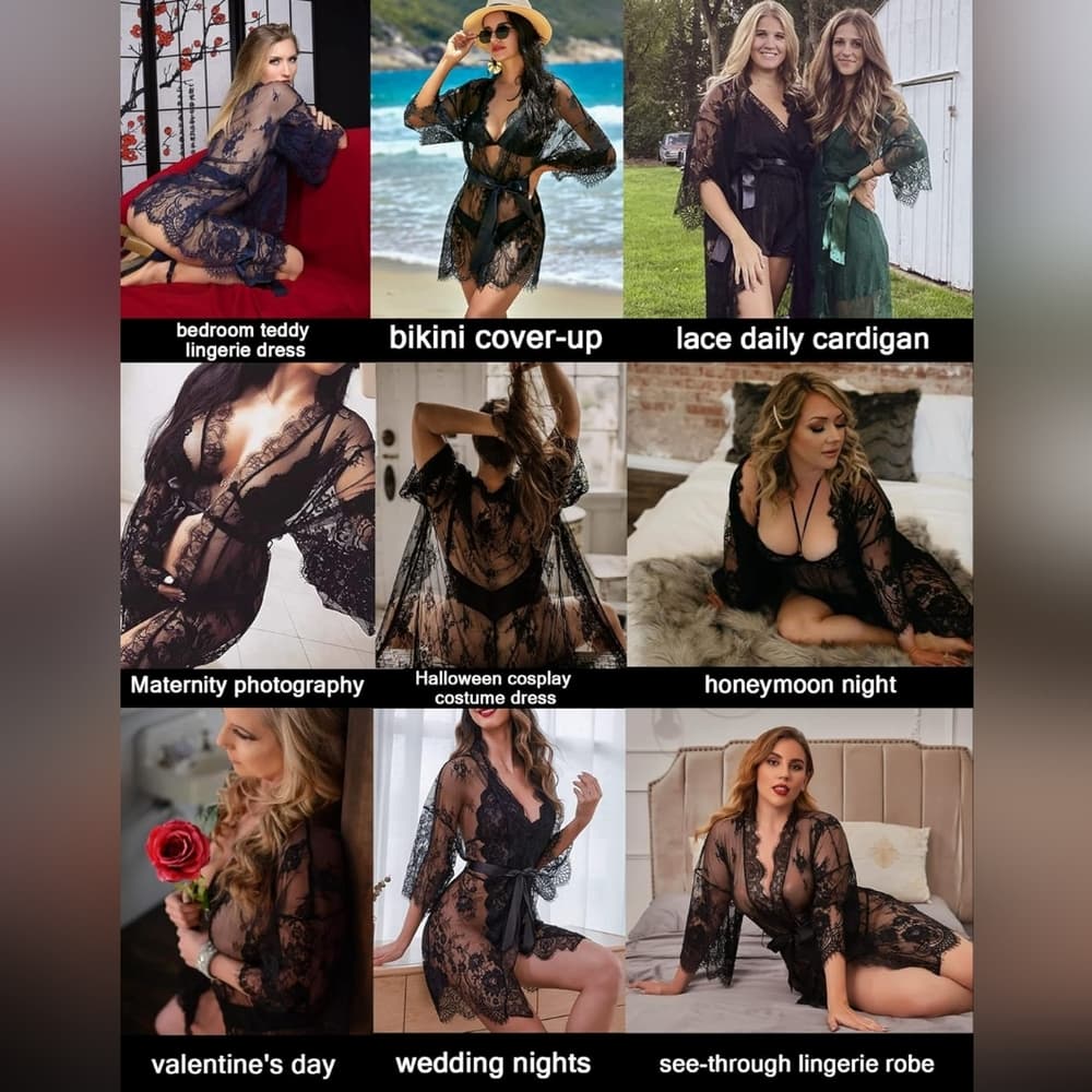 Black Women's Lace Kimono Robe Babydoll Lingerie Mesh Nightgown S-5XL - Thumbnail 2