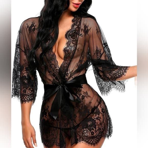 Black Women's Lace Kimono Robe Babydoll Lingerie Mesh Nightgown S-5XL - Thumbnail 14