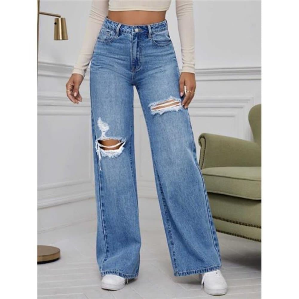 High Waist Ripped Wide Leg Jeans