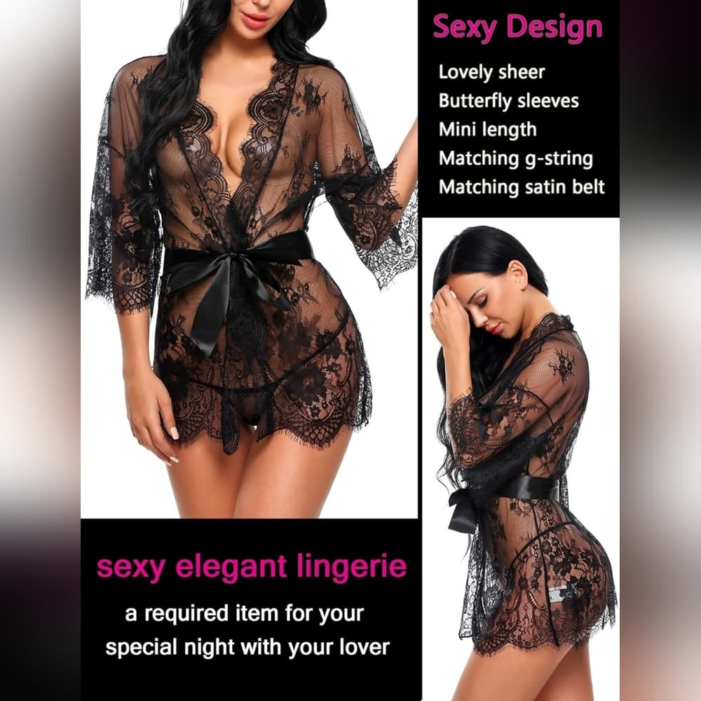 Black Women's Lace Kimono Robe Babydoll Lingerie Mesh Nightgown S-5XL - Thumbnail 4