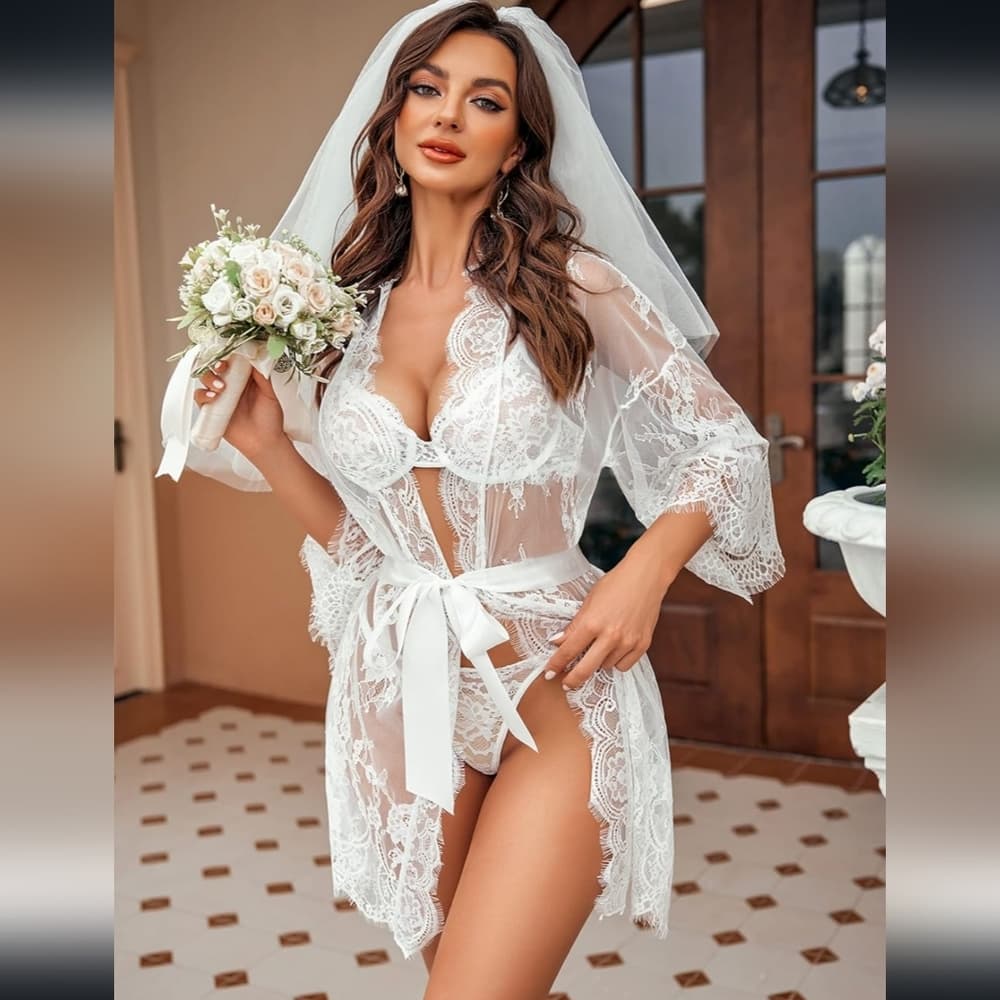 Black Women's Lace Kimono Robe Babydoll Lingerie Mesh Nightgown S-5XL - Thumbnail 10