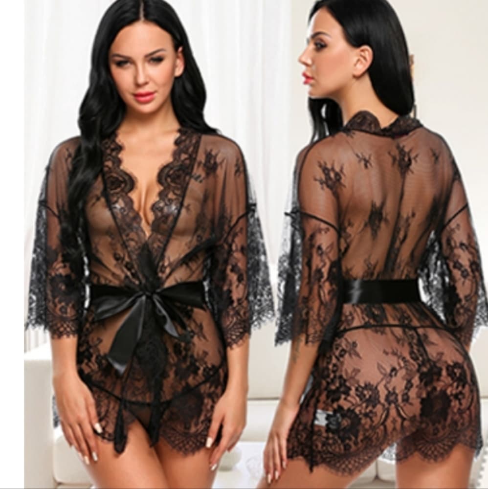 Black Women's Lace Kimono Robe Babydoll Lingerie Mesh Nightgown S-5XL - Thumbnail 8
