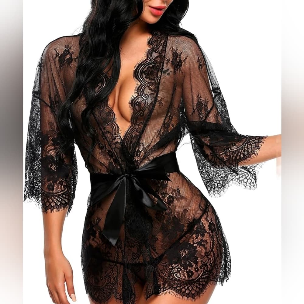Black Women's Lace Kimono Robe Babydoll Lingerie Mesh Nightgown S-5XL - Thumbnail 13