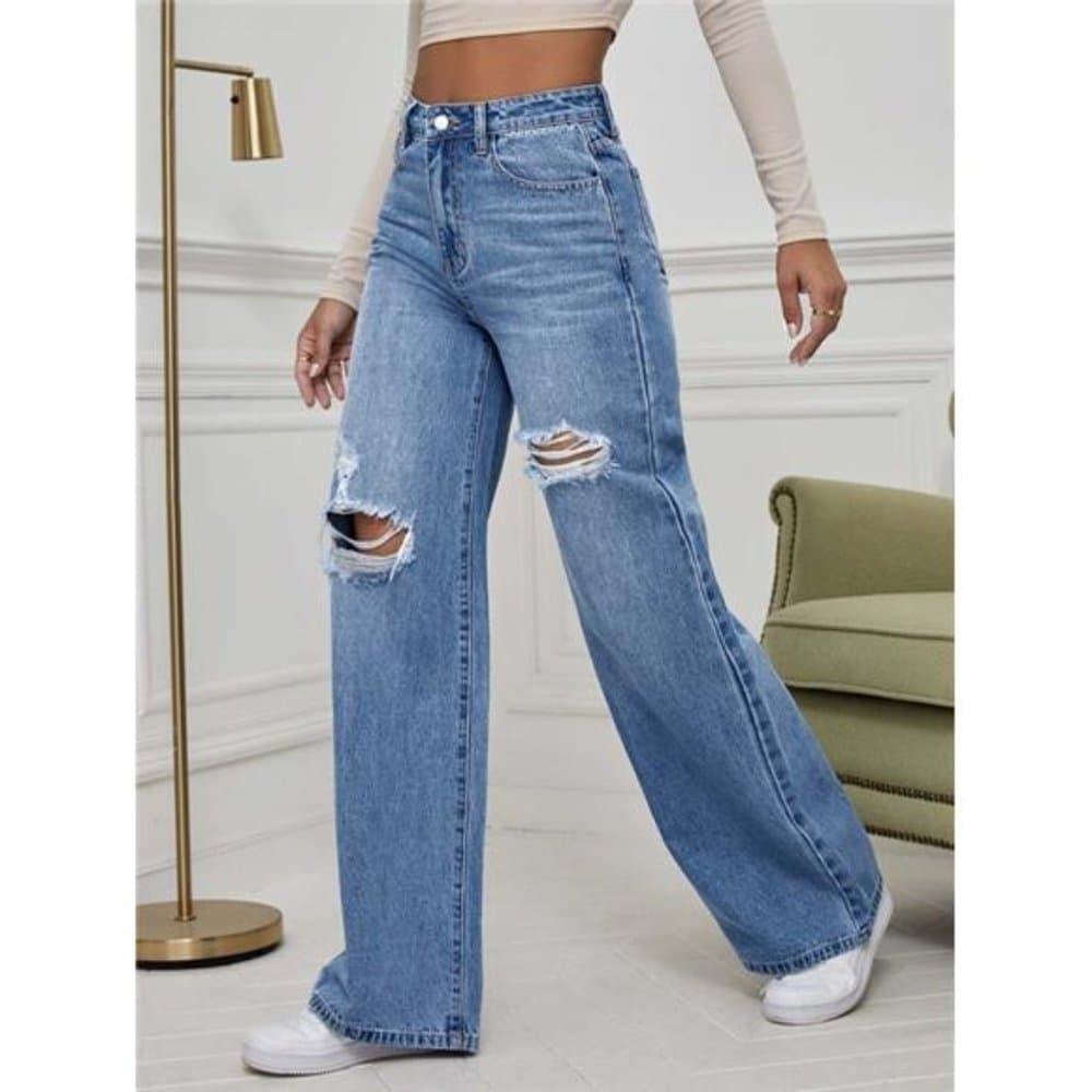 High Waist Ripped Wide Leg Jeans - Thumbnail 11