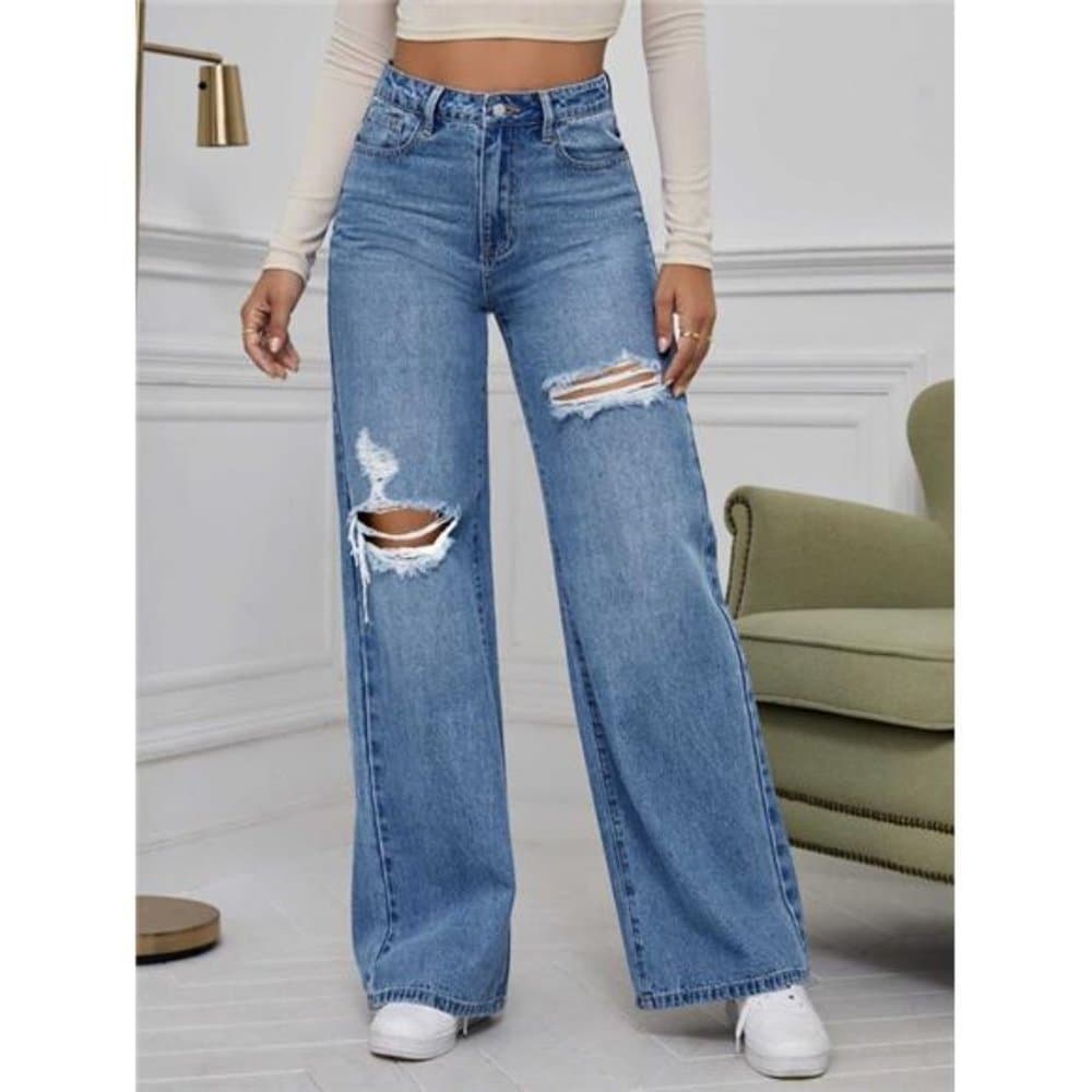High Waist Ripped Wide Leg Jeans - Thumbnail 9